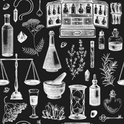 Antique apothecary background. Hand-drawn vector illustrations. Alchemy seamless pattern. Vintage chemistry glassware, healing herbs sketches, esoteric symbols. NOT AI generated